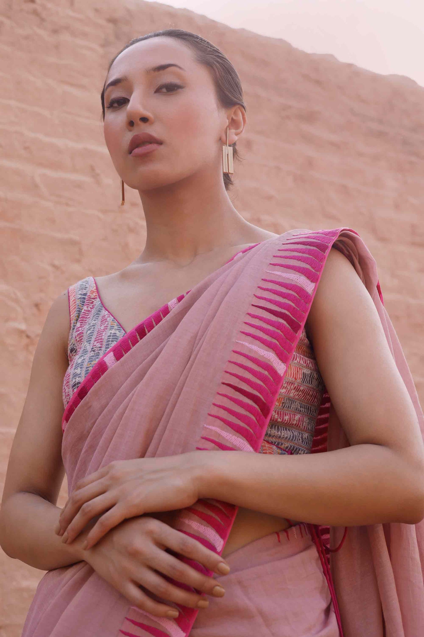 Chanderi Tissue Saree with Thread Embroidery - Pink