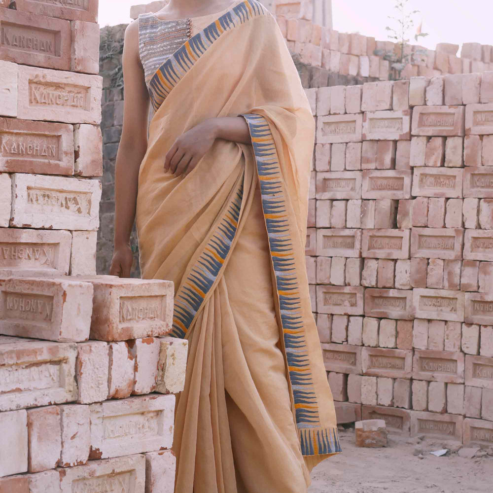 Chanderi Tissue Saree with Thread Embroidery - Sand Brown