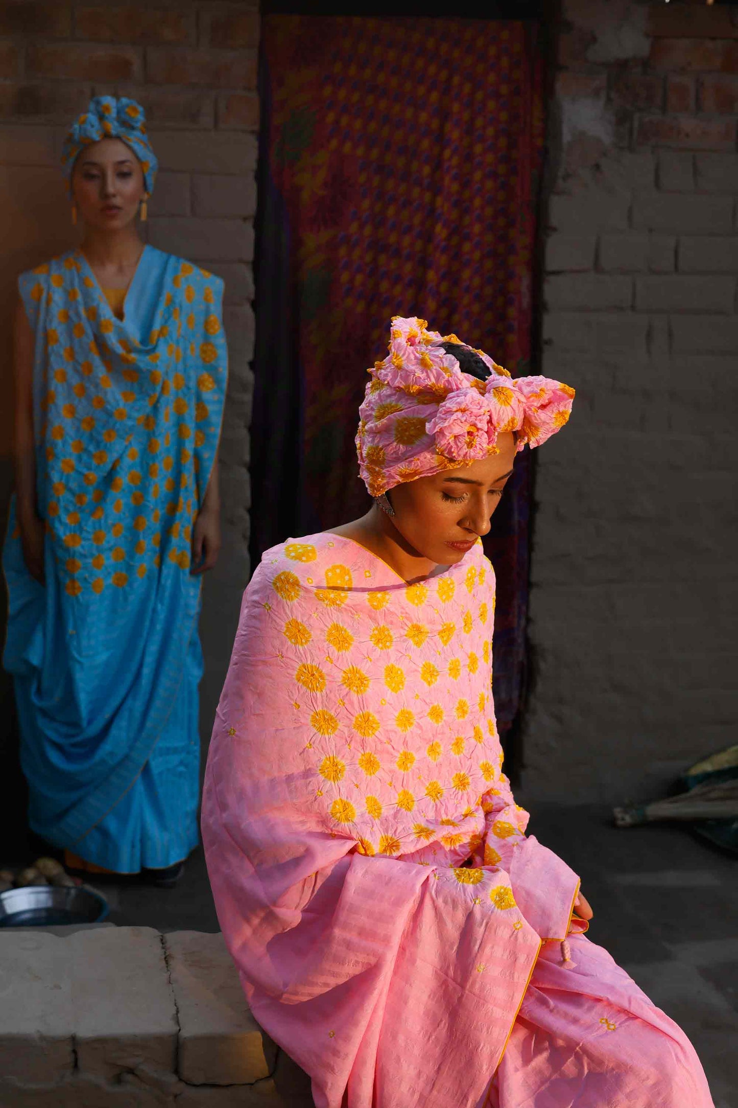 Bandhani Veda Saree - Pink Yellow