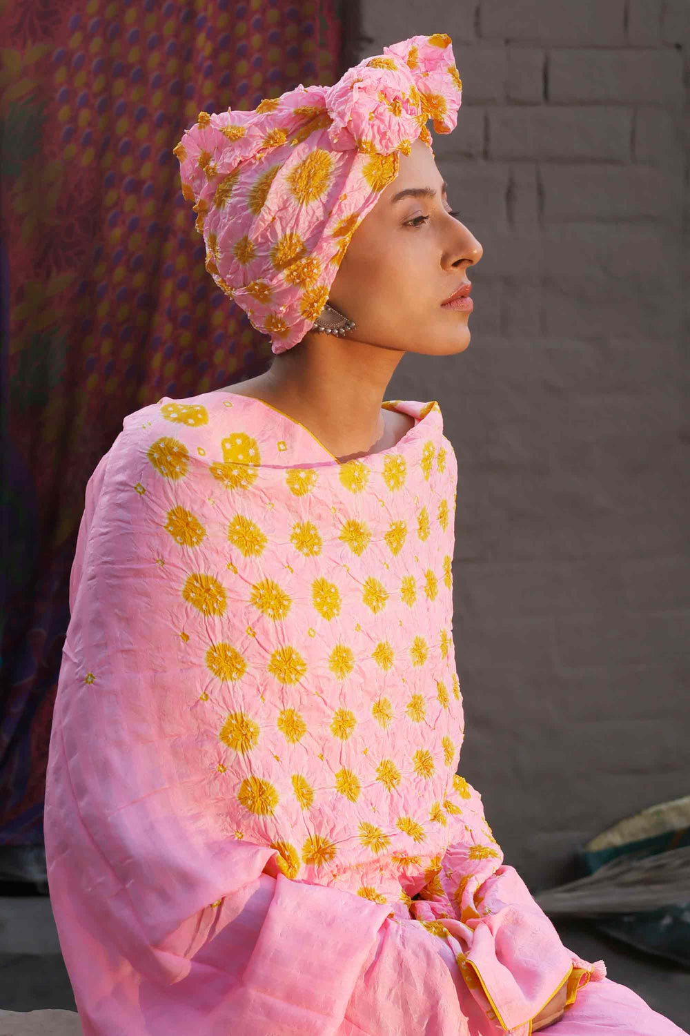 Bandhani Veda Saree - Pink Yellow