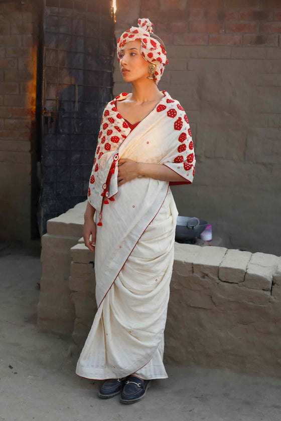 Bandhani Veda Saree - White Red