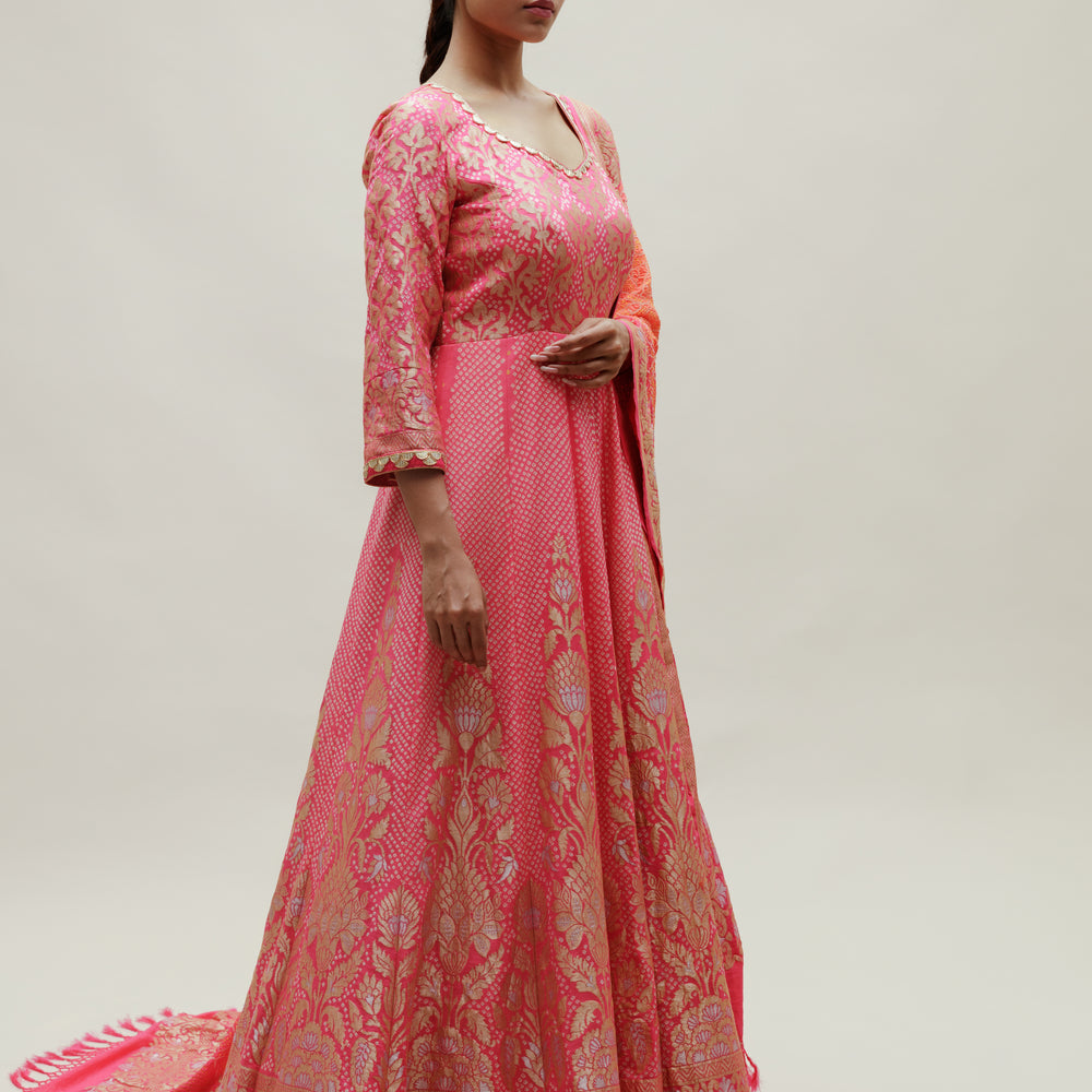 
                      
                        Peach Banarasi Bandhani Floor Length
                      
                    