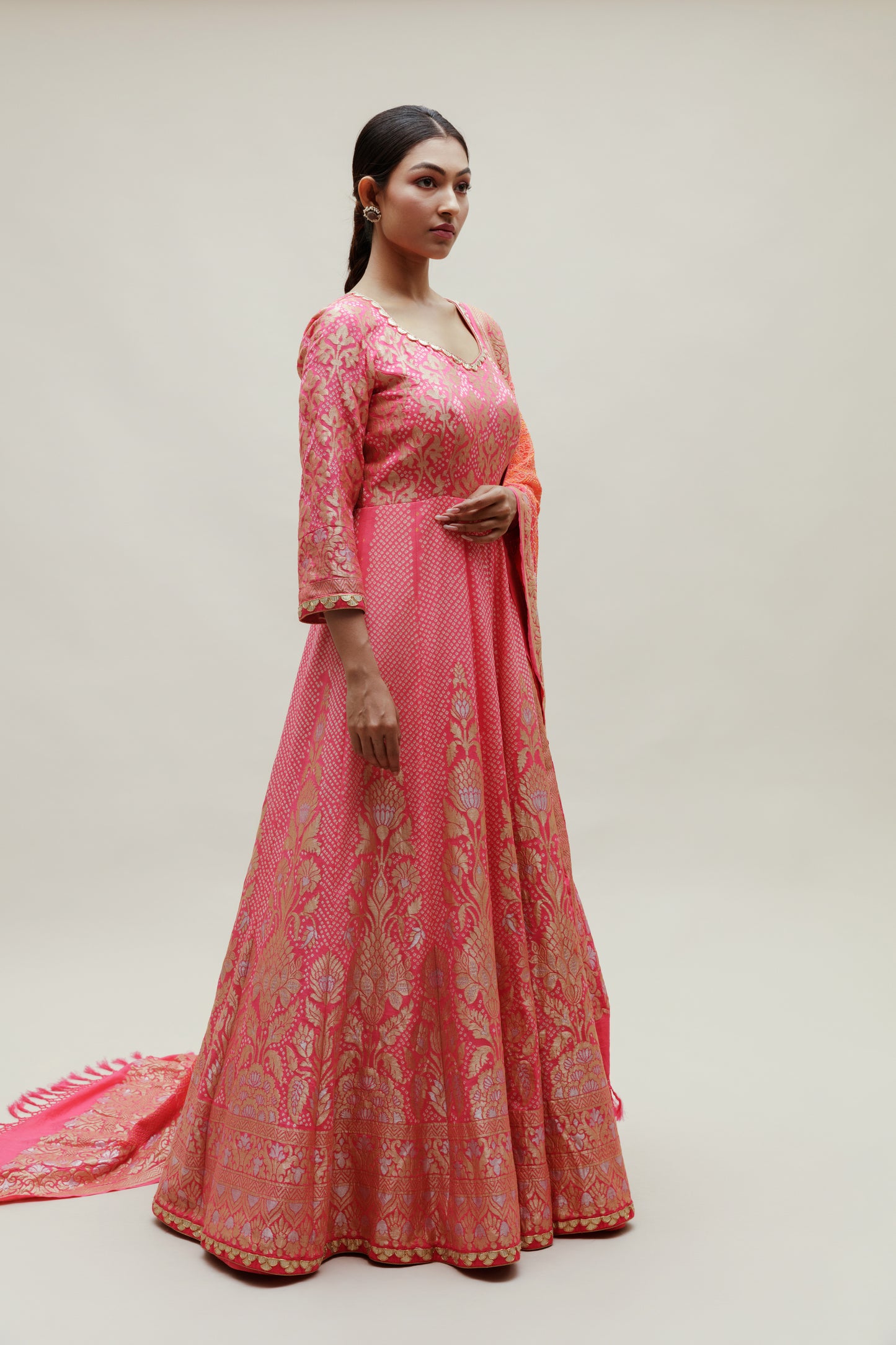 Peach Banarasi Bandhani Floor Length