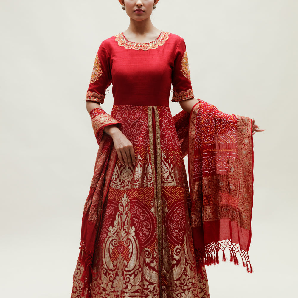 Maroon Banarasi Bandhani Floor Length