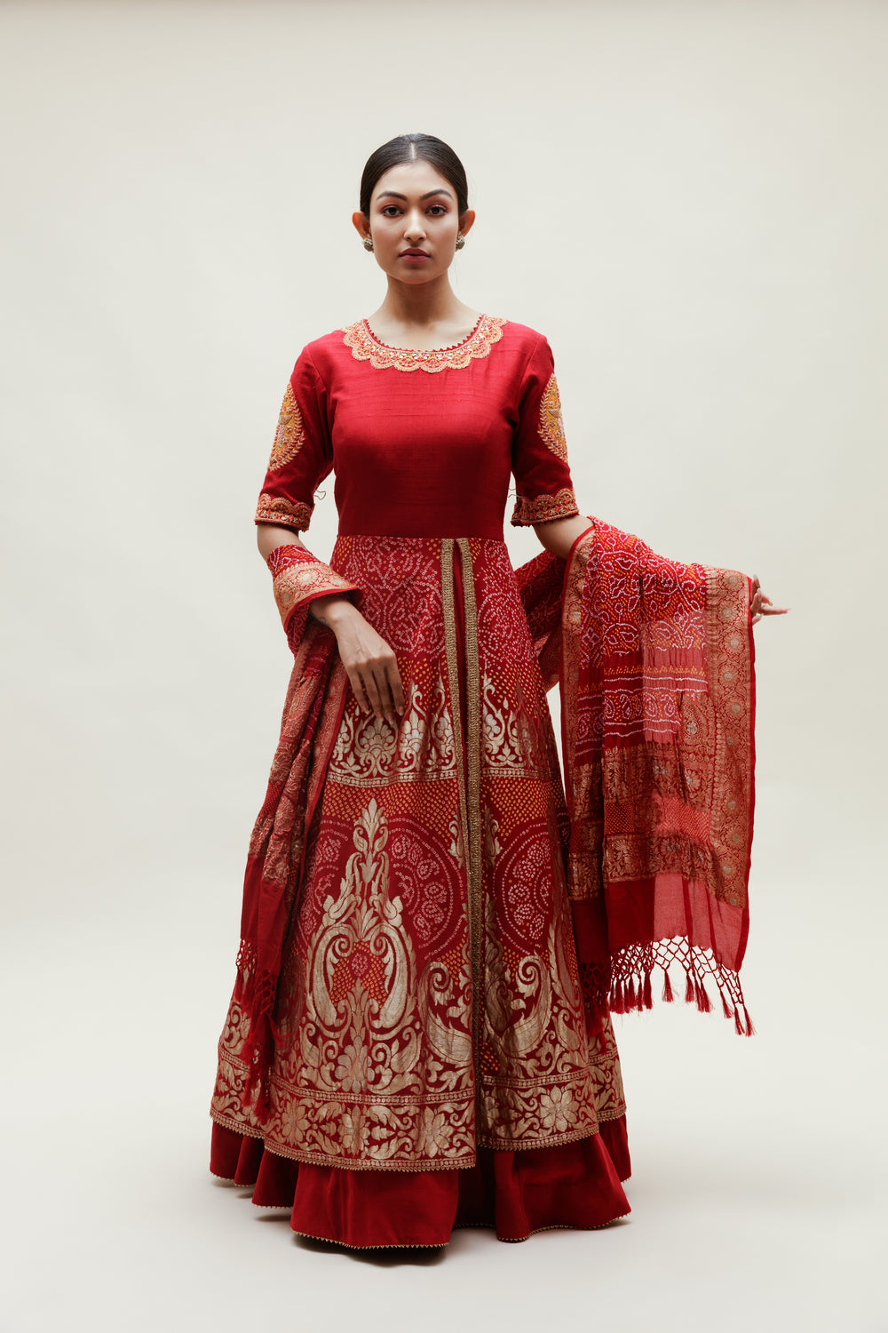 Maroon Banarasi Bandhani Floor Length