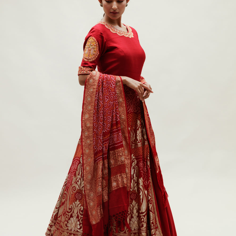 Maroon Banarasi Bandhani Floor Length