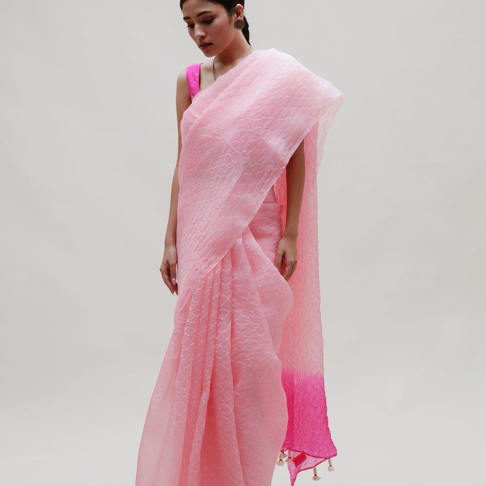 Bandhani on Organza Saree in Pink and Rani