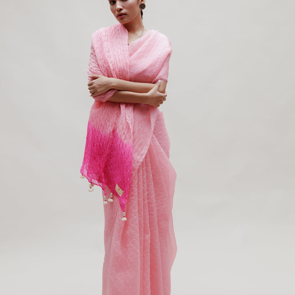 
                      
                        Bandhani on Organza Saree in Pink and Rani
                      
                    