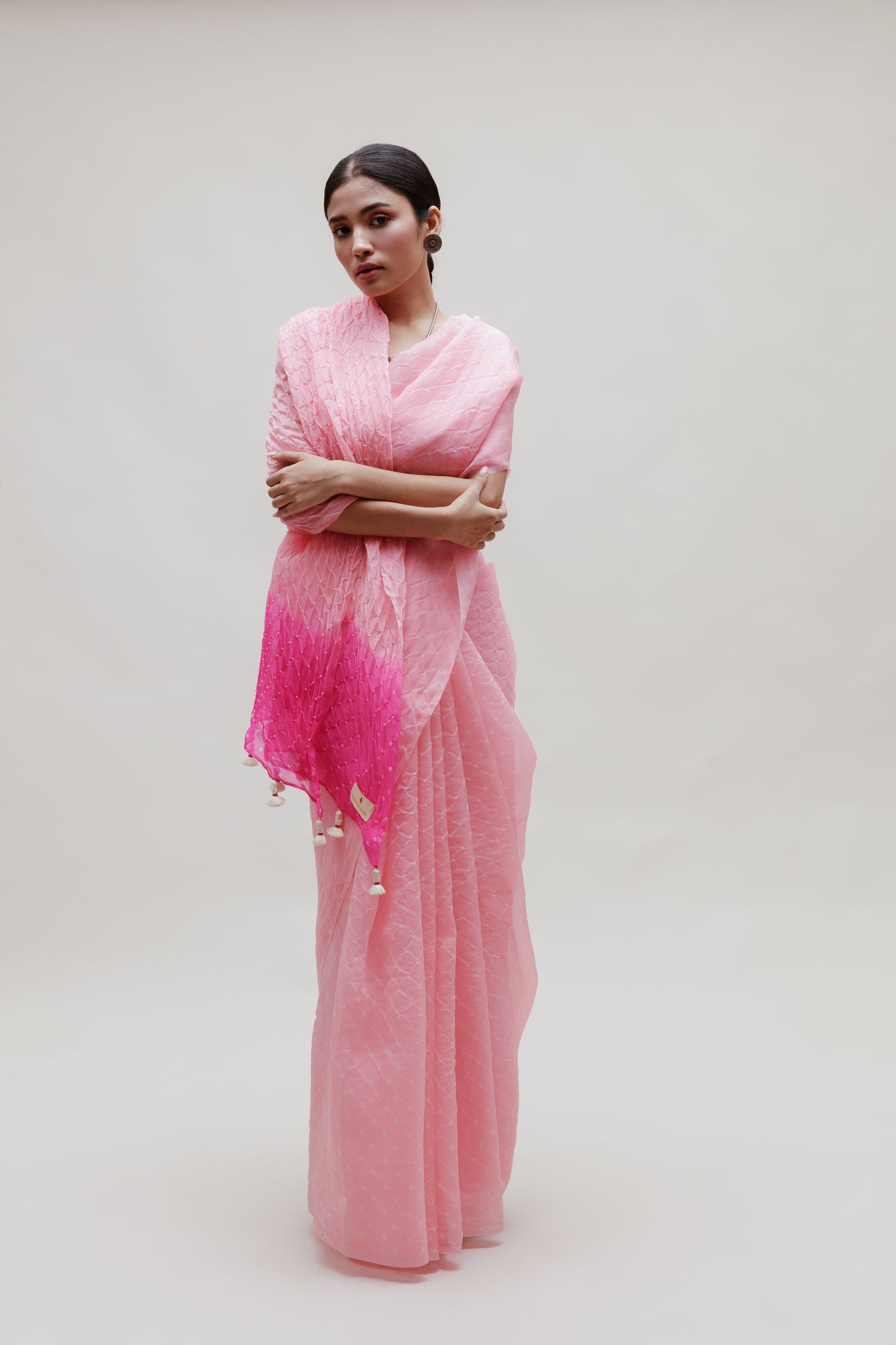 Bandhani on Organza Saree in Pink and Rani