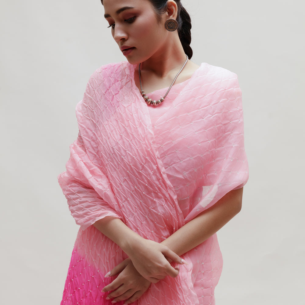 
                      
                        Bandhani on Organza Saree in Pink and Rani
                      
                    