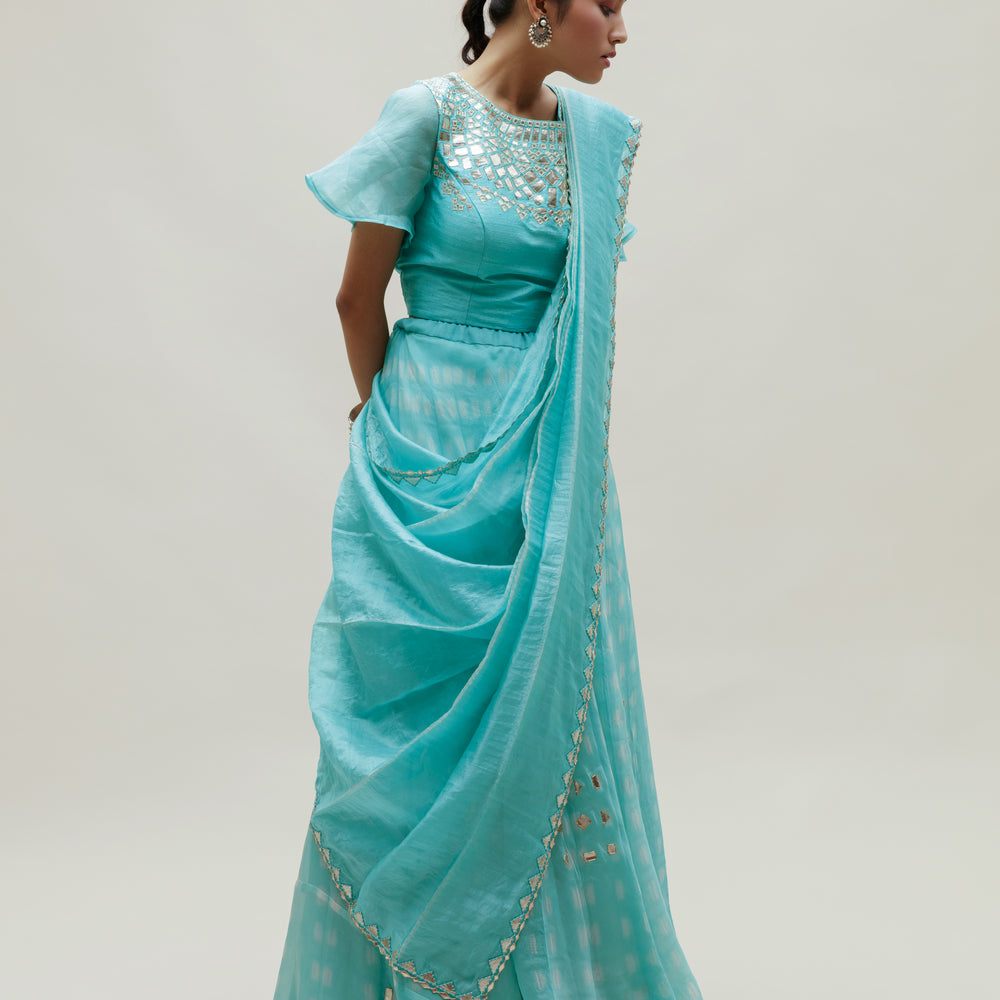 
                      
                        Clamp Dye Organza Gota Patti Lehenga Set - Sky Blue
                      
                    