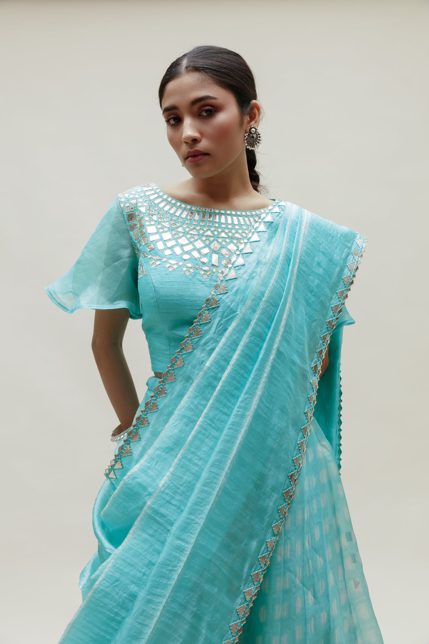 Clamp Dye Organza Gota Patti Lehenga Set - Sky Blue