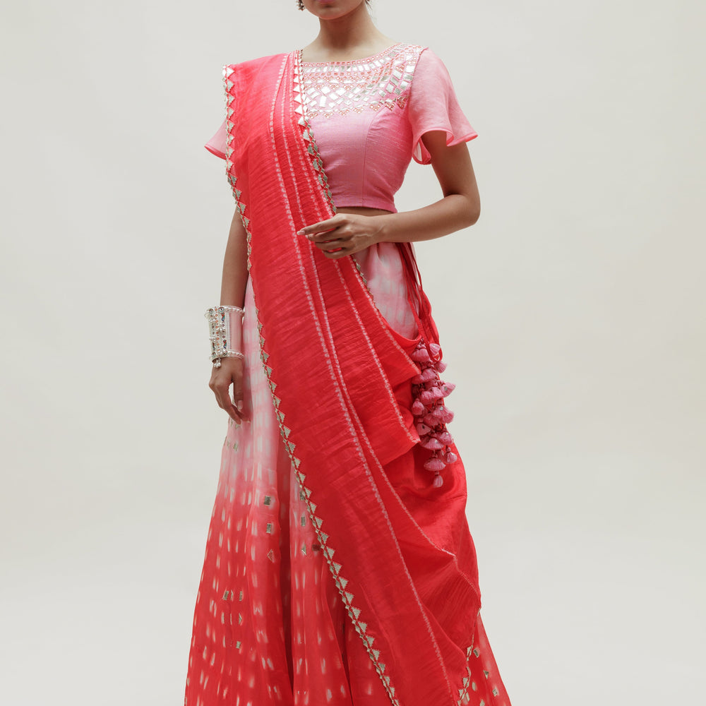 
                      
                        Clamp Dye Organza Gota Patti Lehenga Set - Pink Red
                      
                    