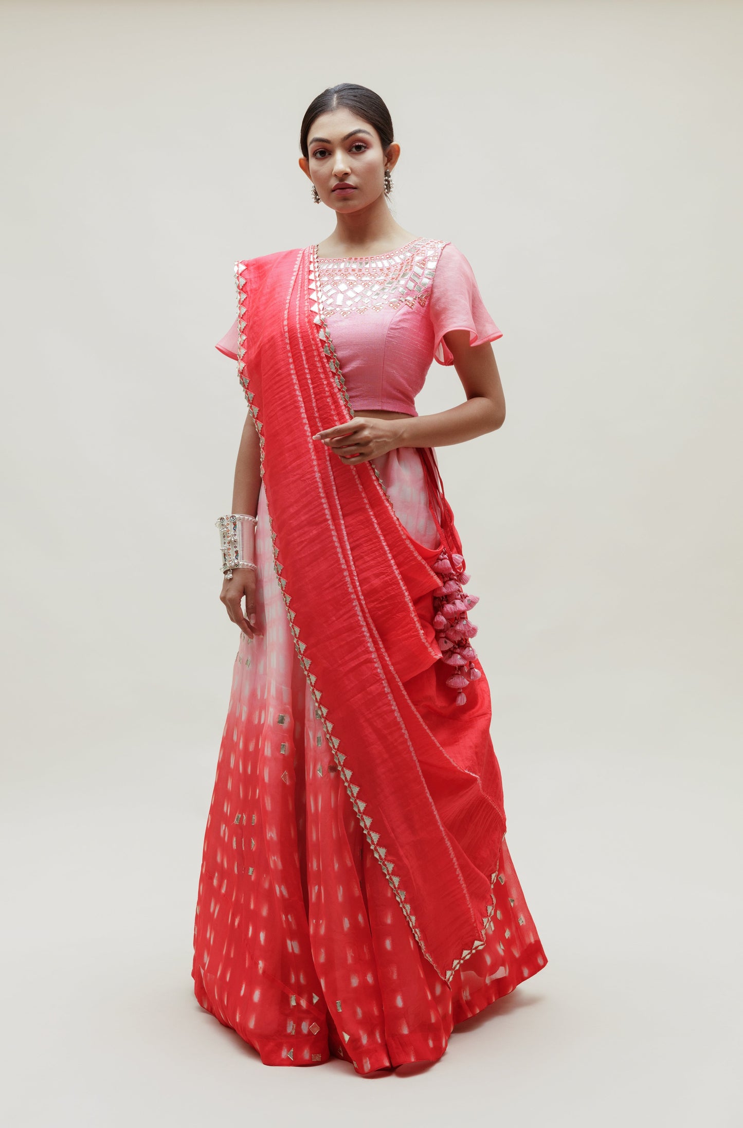 Clamp Dye Organza Gota Patti Lehenga Set - Pink Red