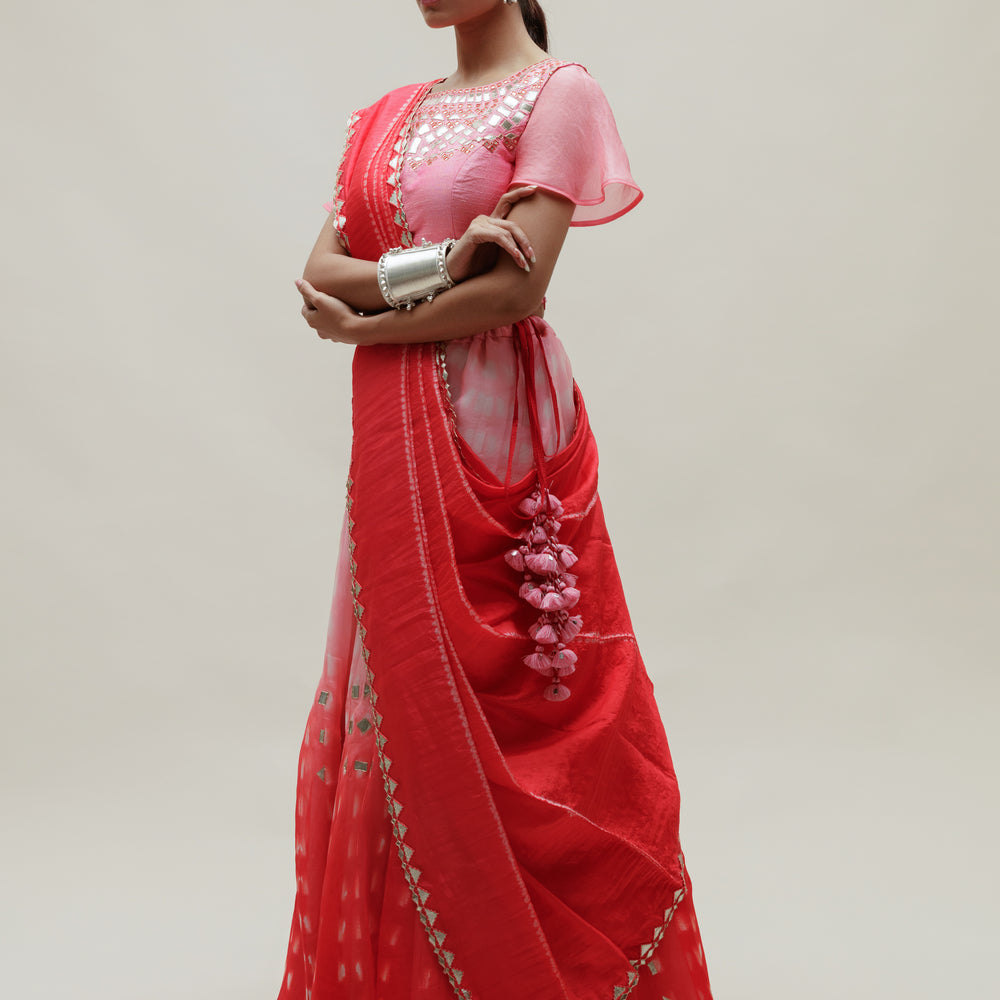 
                      
                        Clamp Dye Organza Gota Patti Lehenga Set - Pink Red
                      
                    