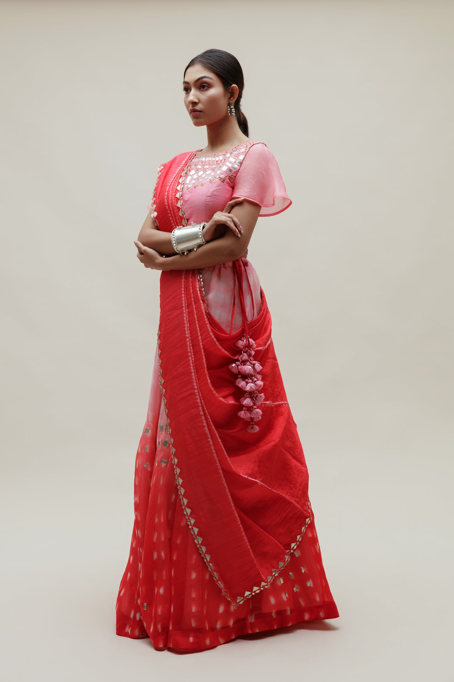 Clamp Dye Organza Gota Patti Lehenga Set - Pink Red