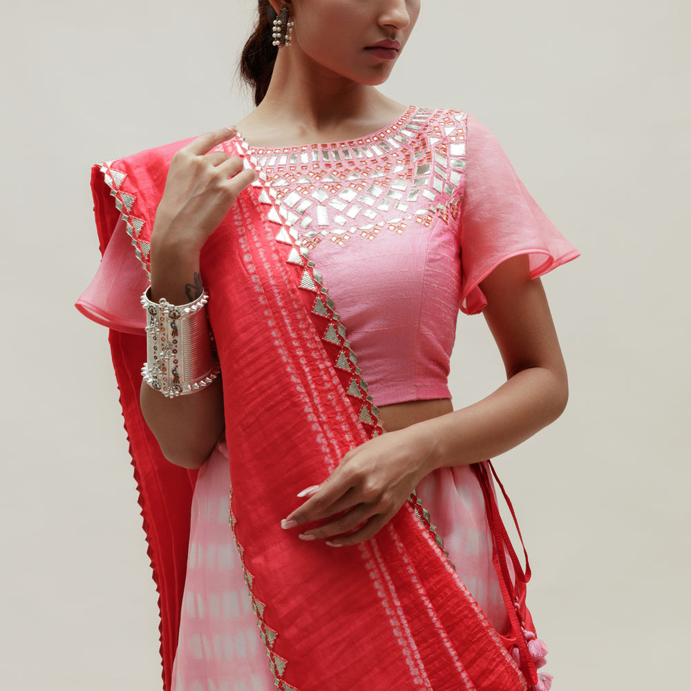 
                      
                        Clamp Dye Organza Gota Patti Lehenga Set - Pink Red
                      
                    