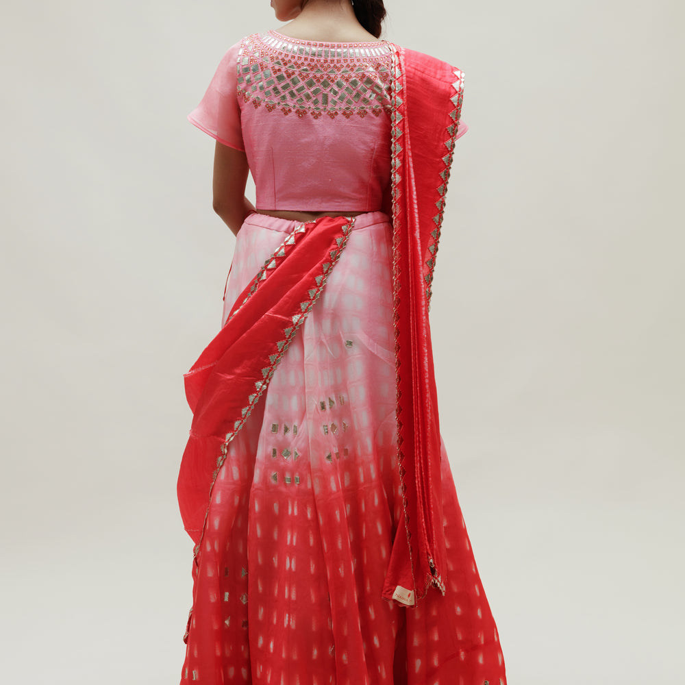 
                      
                        Clamp Dye Organza Gota Patti Lehenga Set - Pink Red
                      
                    