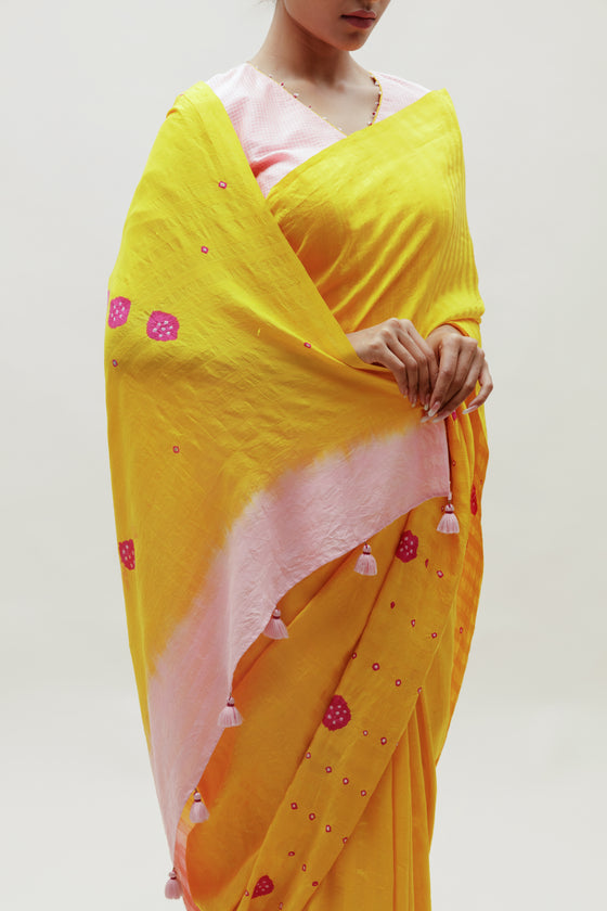 Bandhani Veda Saree - Yellow Pink Rani