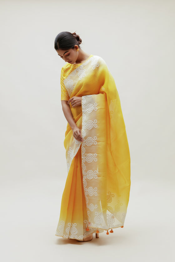 Yellow Organza Saree with Thread Embroidery
