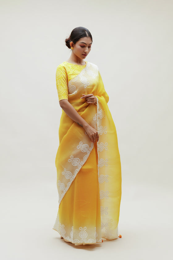 Yellow Organza Saree with Thread Embroidery