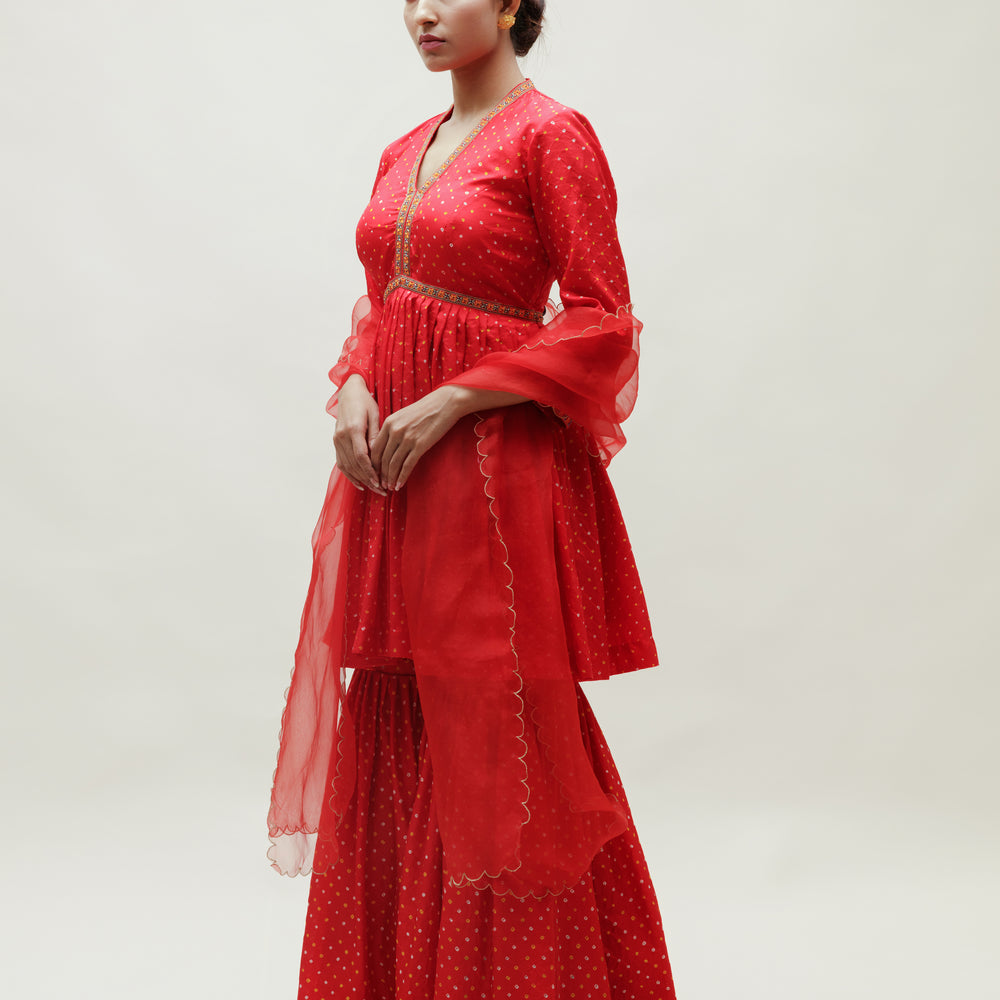 
                      
                        Red Bandhani Garara Set in Silk
                      
                    