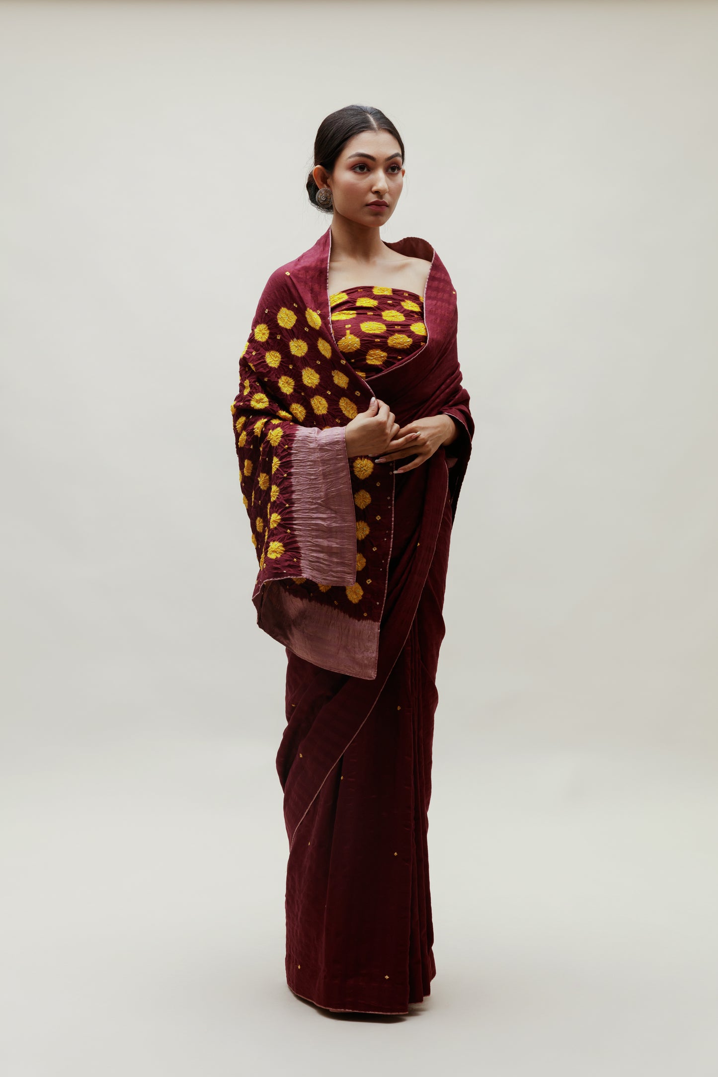 Bandhani Veda Saree - Deep Wine Yellow