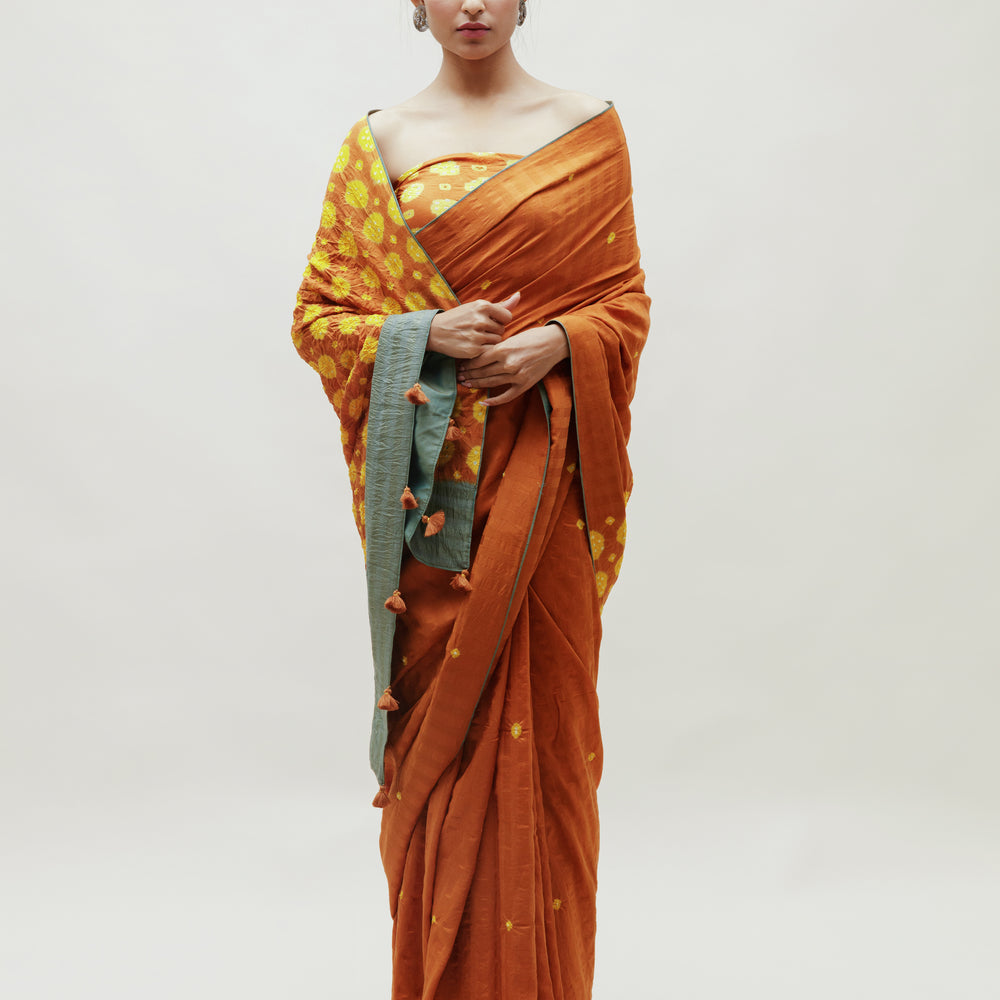 Bandhani Veda Saree - Occur, Yellow and Dull Green