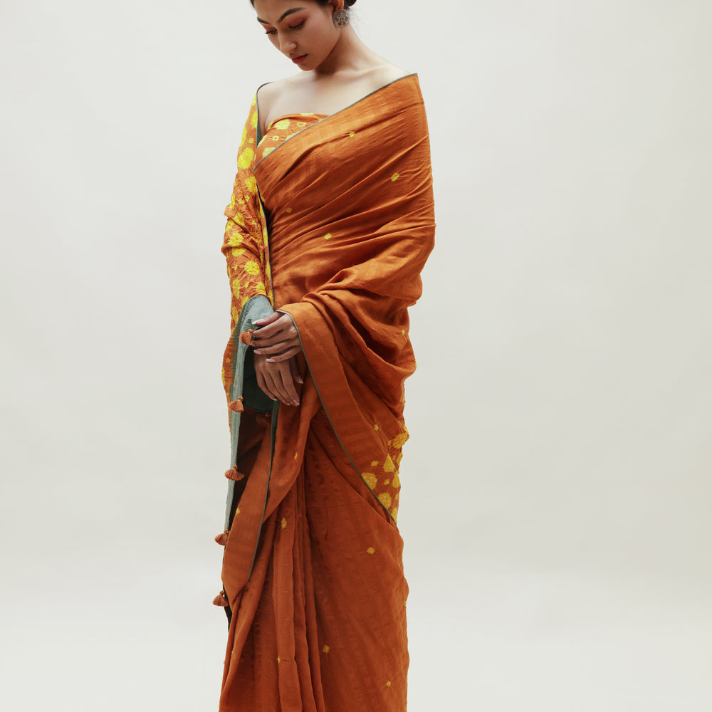 
                      
                        Bandhani Veda Saree - Occur, Yellow and Dull Green
                      
                    