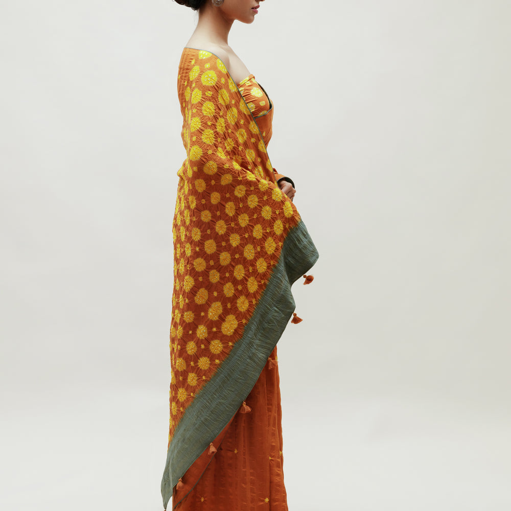 Bandhani Veda Saree - Occur, Yellow and Dull Green