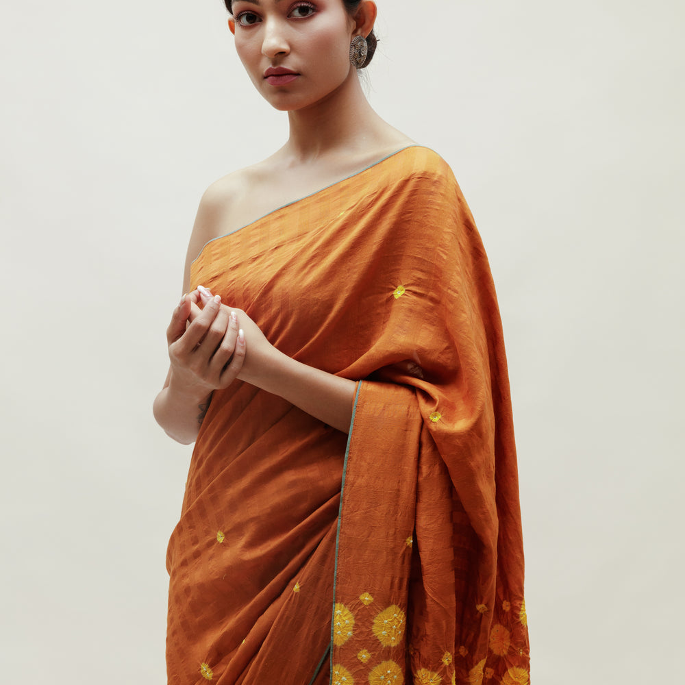 
                      
                        Bandhani Veda Saree - Occur, Yellow and Dull Green
                      
                    