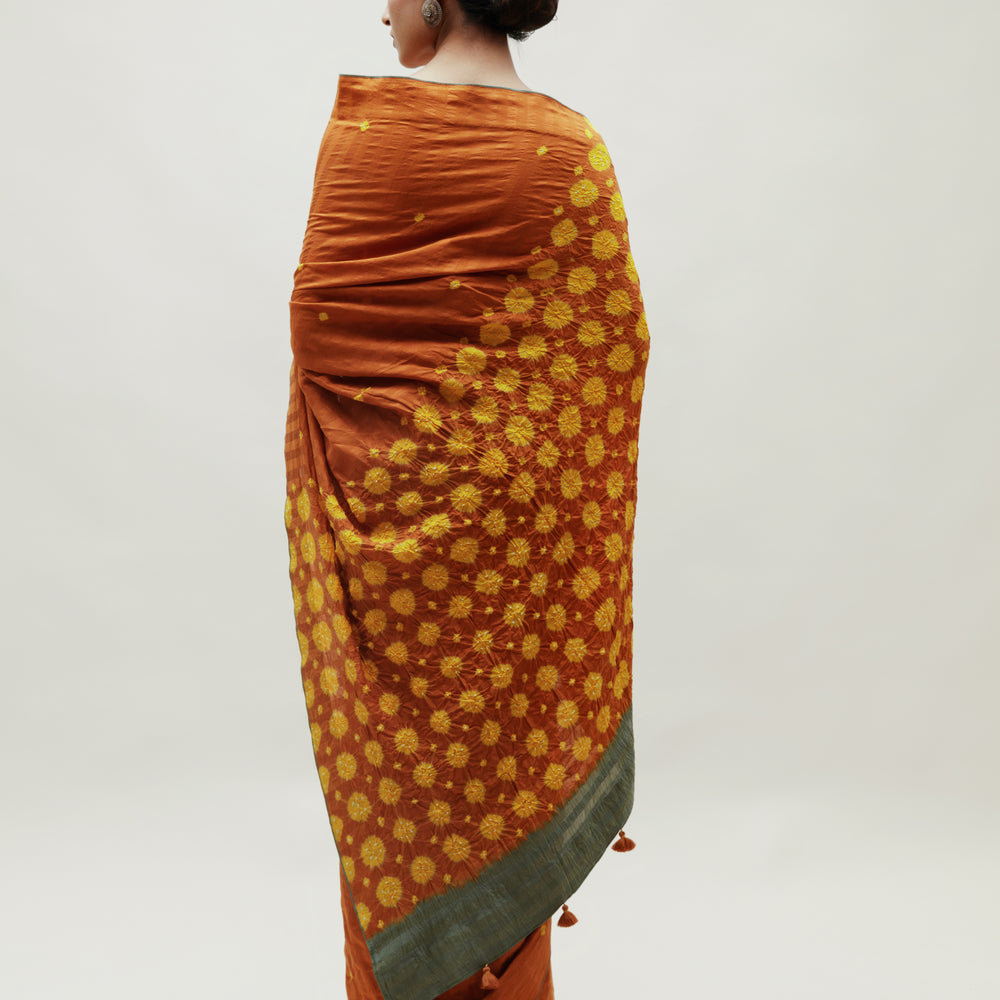 
                      
                        Bandhani Veda Saree - Occur, Yellow and Dull Green
                      
                    