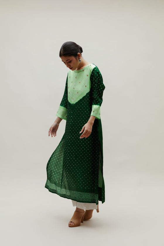 Bandhani Kurta on Pure Silk - Green