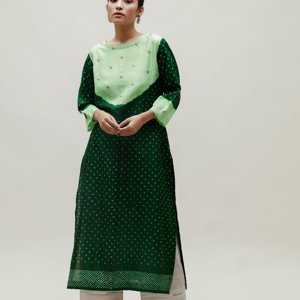 Bandhani Kurta on Pure Silk - Green