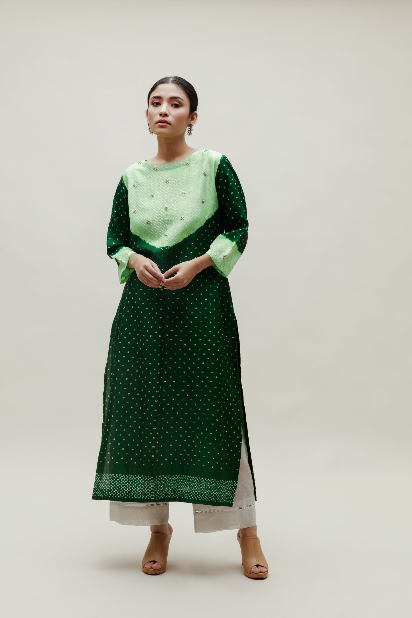 Bandhani Kurta on Pure Silk - Green