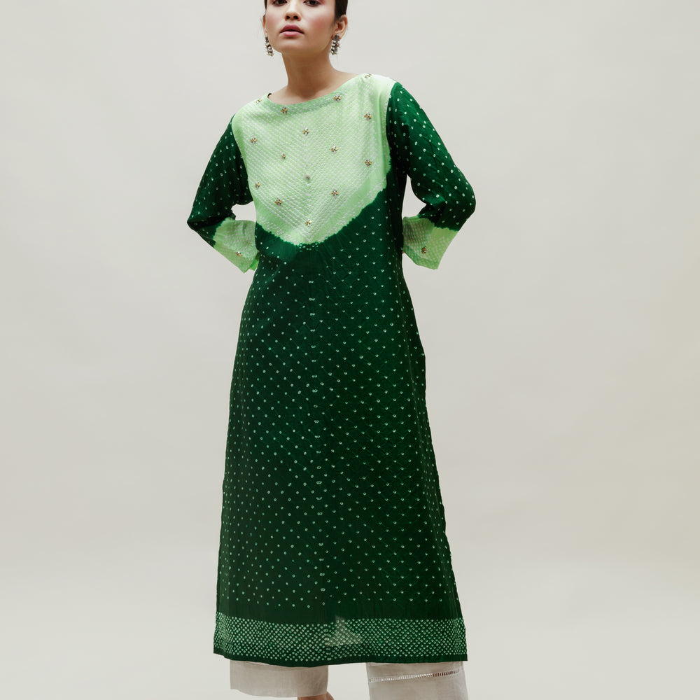 Bandhani Kurta on Pure Silk - Green