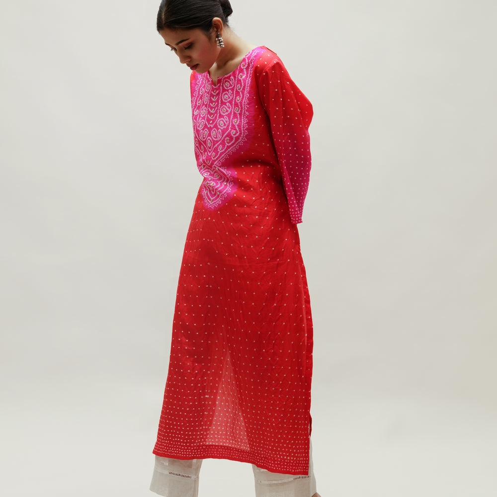 
                      
                        Bandhani Kurta on Pure Silk - Aba Yoke Rani Red
                      
                    