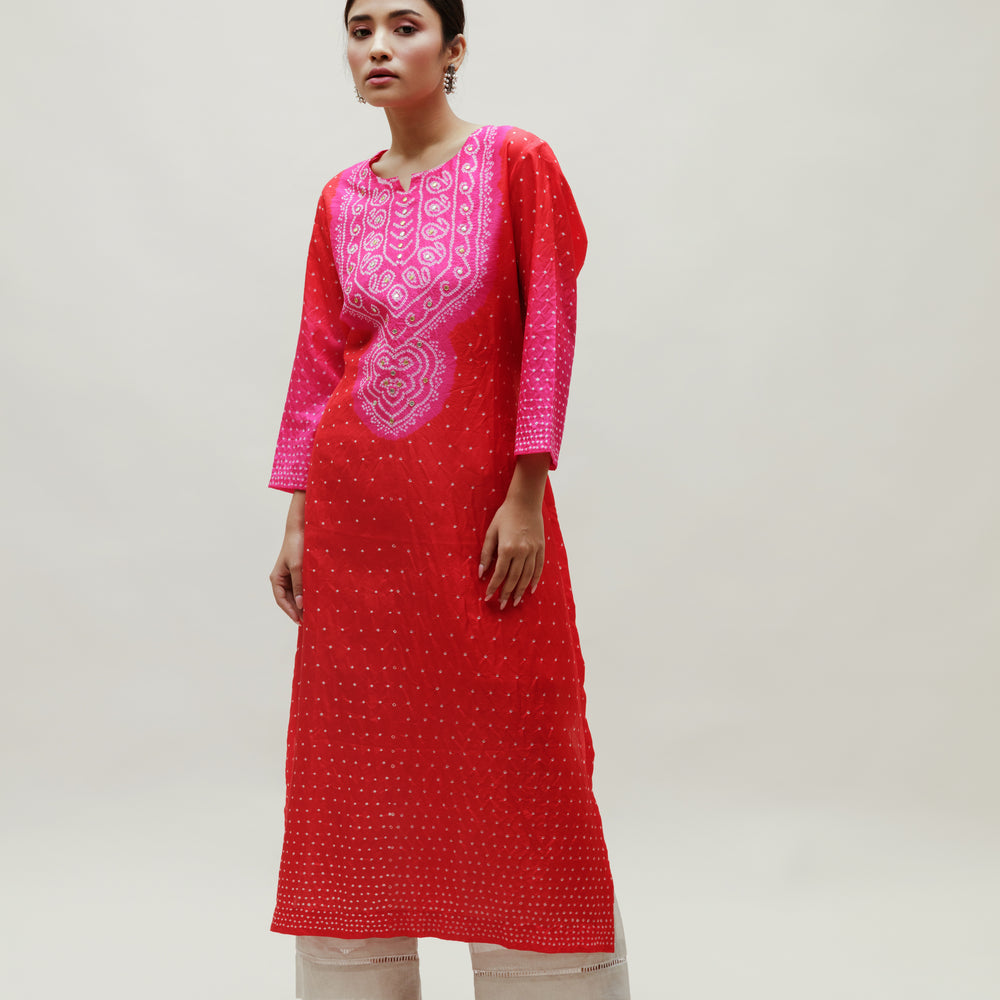 Bandhani Kurta on Pure Silk - Aba Yoke Rani Red