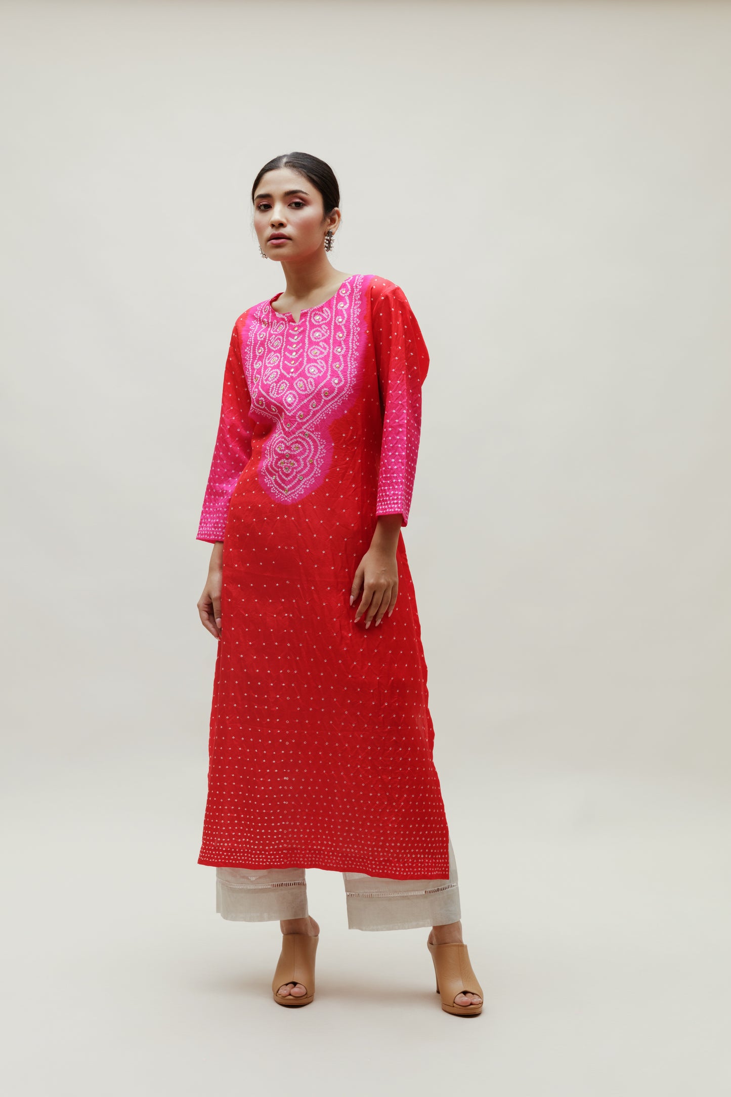 Bandhani Kurta on Pure Silk - Aba Yoke Rani Red