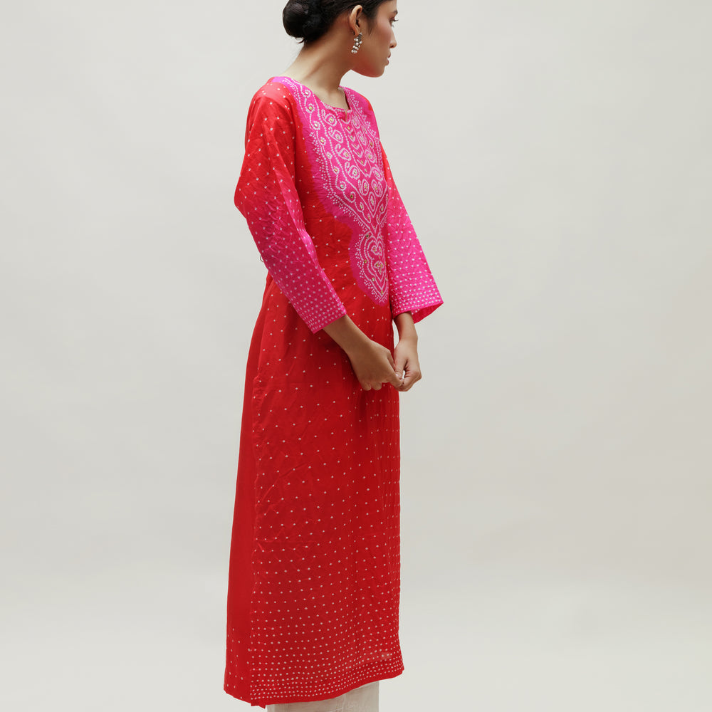 Bandhani Kurta on Pure Silk - Aba Yoke Rani Red