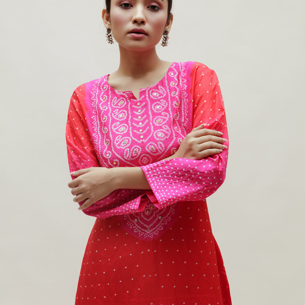 
                      
                        Bandhani Kurta on Pure Silk - Aba Yoke Rani Red
                      
                    