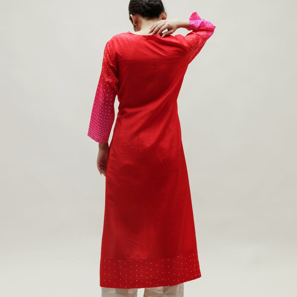 
                      
                        Bandhani Kurta on Pure Silk - Aba Yoke Rani Red
                      
                    