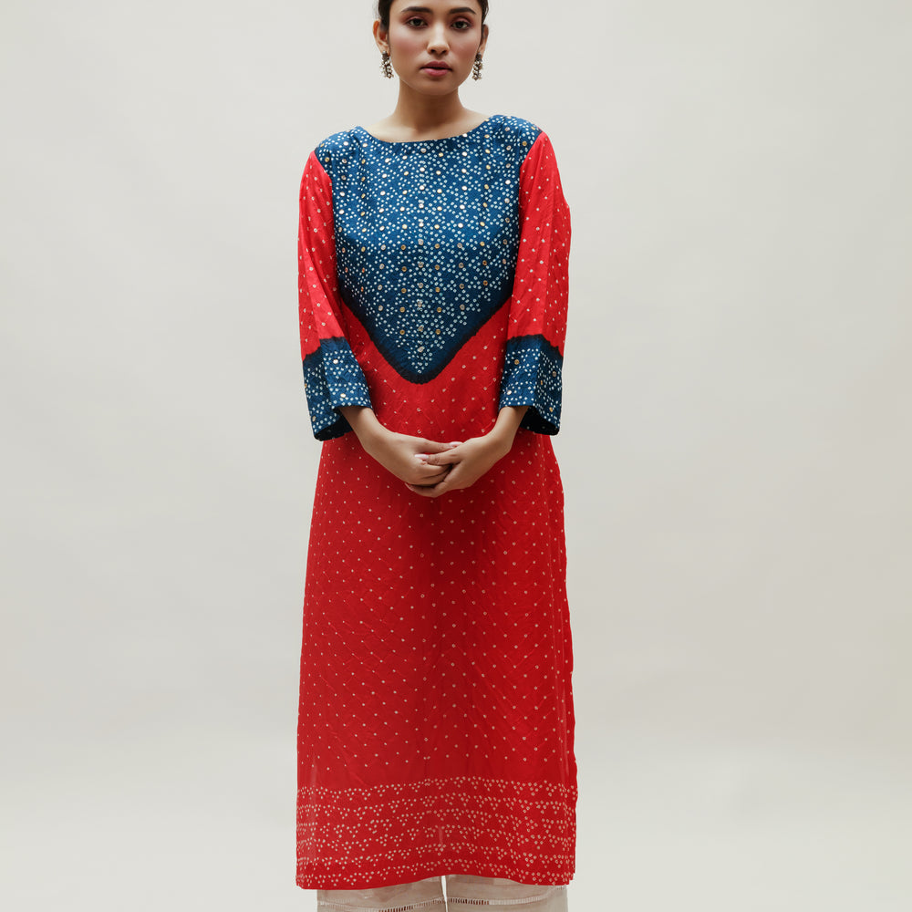 Bandhani Kurta on Pure Silk - Blue Red