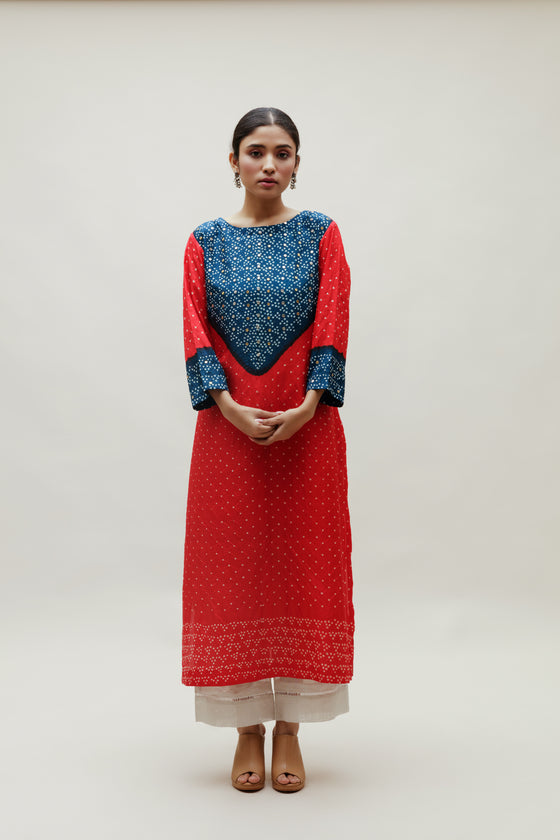 Bandhani Kurta on Pure Silk - Blue Red