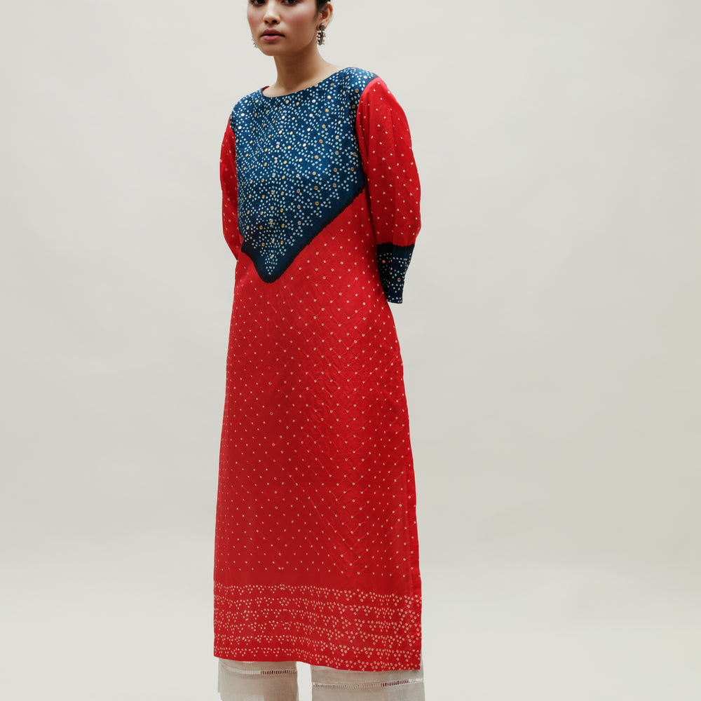 
                      
                        Bandhani Kurta on Pure Silk - Blue Red
                      
                    