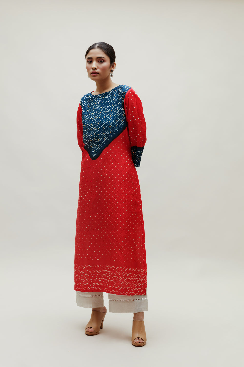 Bandhani Kurta on Pure Silk - Blue Red