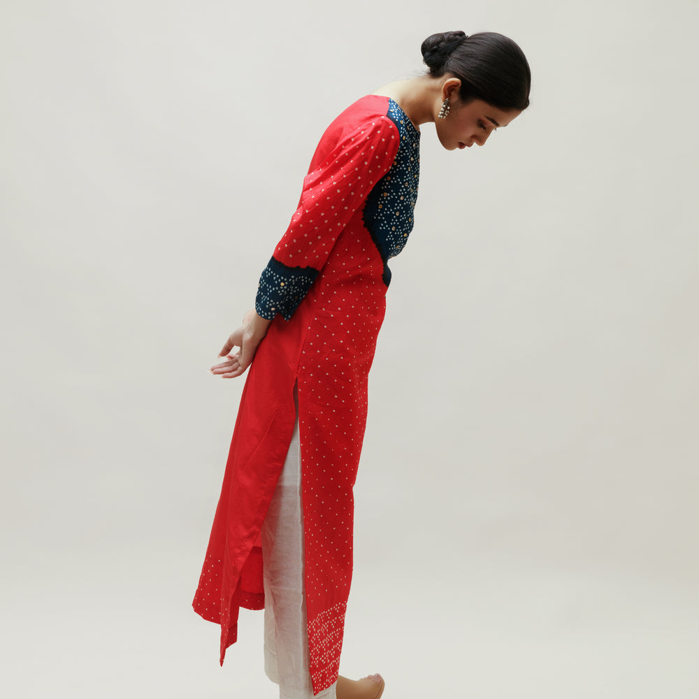 
                      
                        Bandhani Kurta on Pure Silk - Blue Red
                      
                    