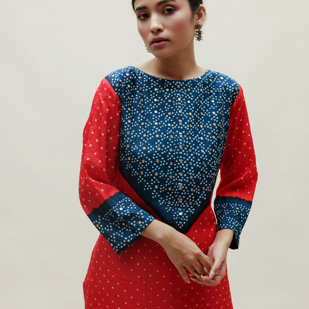 
                      
                        Bandhani Kurta on Pure Silk - Blue Red
                      
                    