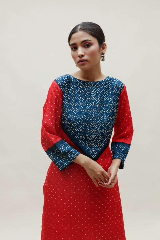 Bandhani Kurta on Pure Silk - Blue Red