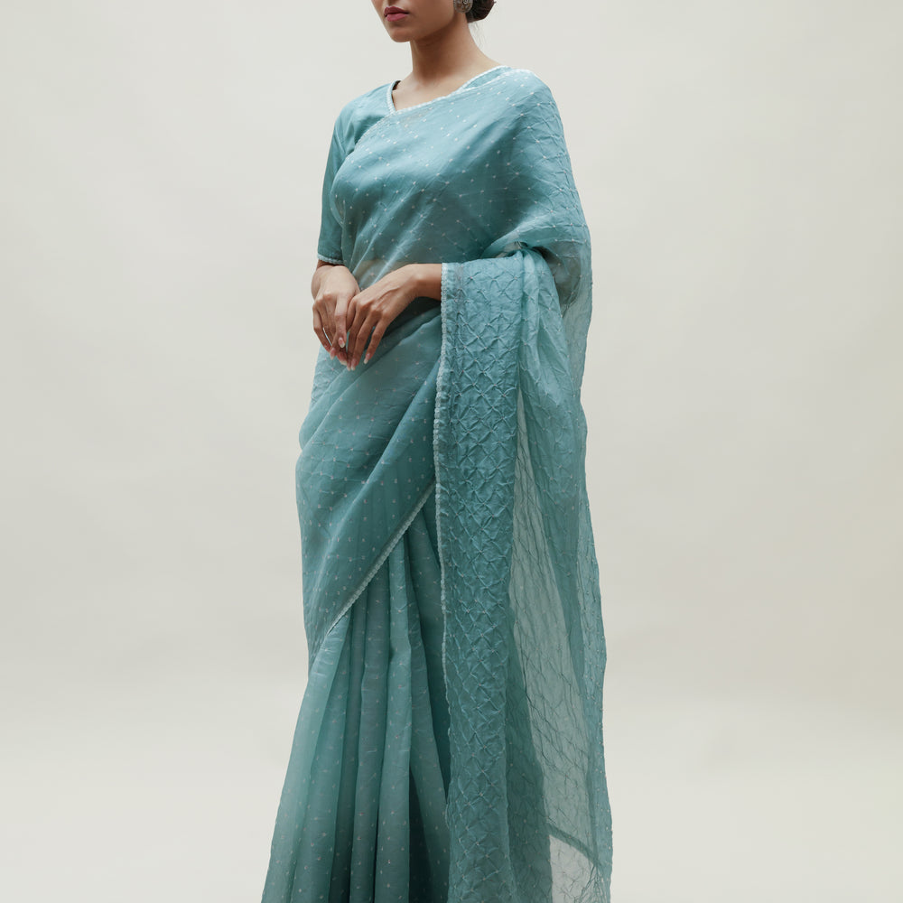 Bandhani on Organza Saree - Ocean Blue